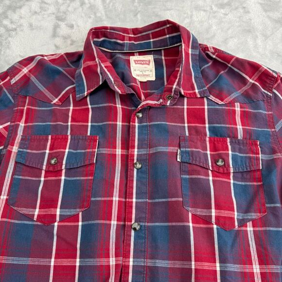 Levis Shirt Mens Large Red White Blue Plaid Snap Western Flap Pockets Modern - Picture 1 of 11